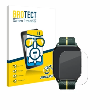Front side of a product packaging with the brand logo BROTECT. Next to it is the device Motorola Moto watch fit shown with the