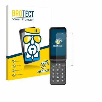 Front side of a product packaging with the brand logo BROTECT. Next to it is the device Doro Aurora A20 shown with the corresp