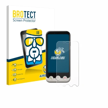 Front side of a product packaging with the brand logo BROTECT. Next to it is the device Doro Aurora A10 shown with the corresp