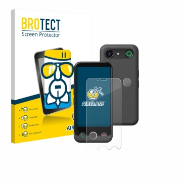 Front side of a product packaging with the brand logo BROTECT. Next to it is the device Doro Aurora A10 (Front+Camera) shown w