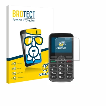 Front side of a product packaging with the brand logo BROTECT. Next to it is the device Doro 1380 shown with the corresponding