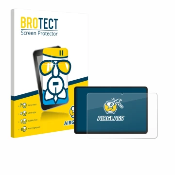 Front side of a product packaging with the brand logo BROTECT. Next to it is the device Honor Pad 10 shown with the correspond