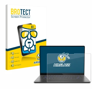 Front side of a product packaging with the brand logo BROTECT. Next to it is the device ASUS ROG Zephyrus G16 2025 shown with 