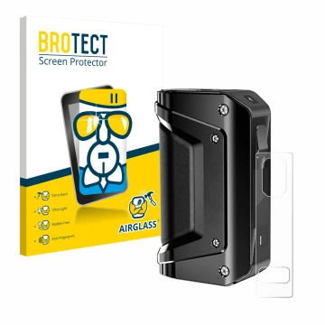 Front side of a product packaging with the brand logo BROTECT. Next to it is the device GeekVape Aegis Legend 3 shown with the