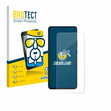 Front side of a product packaging with the brand logo BROTECT. Next to it is the device Motorola Moto G86 shown with the corre
