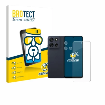 Front side of a product packaging with the brand logo BROTECT. Next to it is the device Motorola Moto G56 (Front+Camera) shown