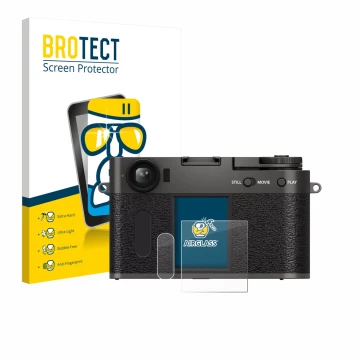 Front side of a product packaging with the brand logo BROTECT. Next to it is the device Fujifilm X Half X-HF1 shown with the c