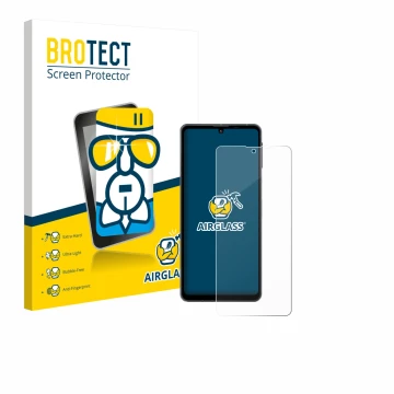 Front side of a product packaging with the brand logo BROTECT. Next to it is the device Sharp Aquos Sense 8 shown with the cor