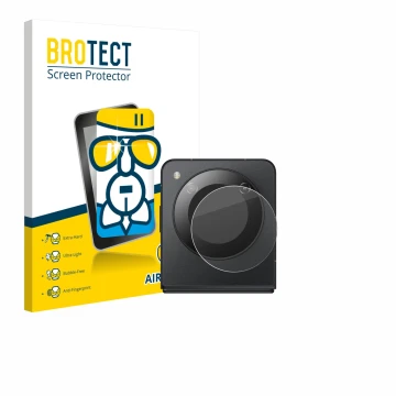 Front side of a product packaging with the brand logo BROTECT. Next to it is the device Nubia Flip 5G (ONLY Camera) shown with