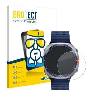 Front side of a product packaging with the brand logo BROTECT. Next to it is the device Samsung Galaxy Watch Ultra 2 (47 mm) s