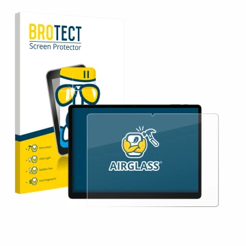 Front side of a product packaging with the brand logo BROTECT. Next to it is the device Doogee Tab E3 Max 14 shown with the co