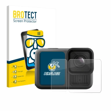 Front side of a product packaging with the brand logo BROTECT. Next to it is the device GoPro Hero 13 Black Ultra Wide Edition