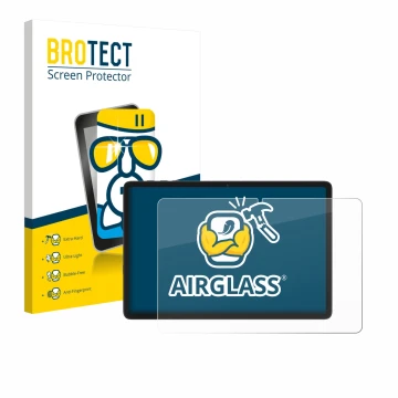 Front side of a product packaging with the brand logo BROTECT. Next to it is the device Tabwee T20 10.1