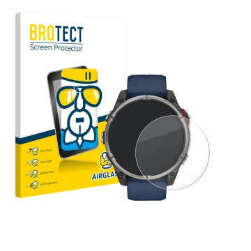 Front side of a product packaging with the brand logo BROTECT. Next to it is the device Garmin quatix 8 (47 mm) shown with the