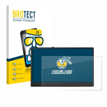 Front side of a product packaging with the brand logo BROTECT. Next to it is the device ASUS ZenScreen MB166C shown with the c