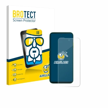 Front side of a product packaging with the brand logo BROTECT. Next to it is the device Fairphone 6 shown with the correspondi