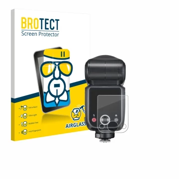 Front side of a product packaging with the brand logo BROTECT. Next to it is the device Godox V100 shown with the correspondin