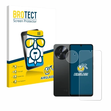 Front side of a product packaging with the brand logo BROTECT. Next to it is the device Doogee Note 59 Pro Plus (Front+Camera)