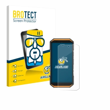 Front side of a product packaging with the brand logo BROTECT. Next to it is the device Ulefone Armor X32 Pro shown with the c