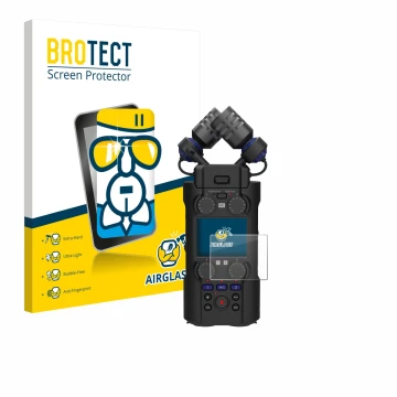 Front side of a product packaging with the brand logo BROTECT. Next to it is the device Zoom H5 Studio shown with the correspo