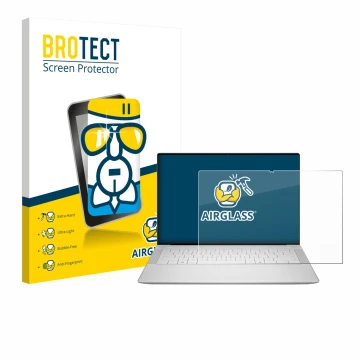 Front side of a product packaging with the brand logo BROTECT. Next to it is the device Dell 14 Premium Laptop shown with the 