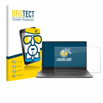 Front side of a product packaging with the brand logo BROTECT. Next to it is the device ASUS Chromebook Plus CX14 shown with t