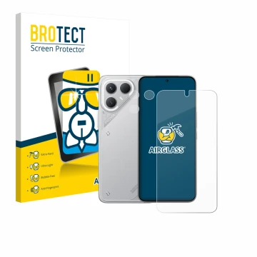 Front side of a product packaging with the brand logo BROTECT. Next to it is the device Tecno Pova 7 Pro (Front+Camera) shown 