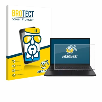 Front side of a product packaging with the brand logo BROTECT. Next to it is the device Lenovo ThinkPad L16 Gen 2 shown with t