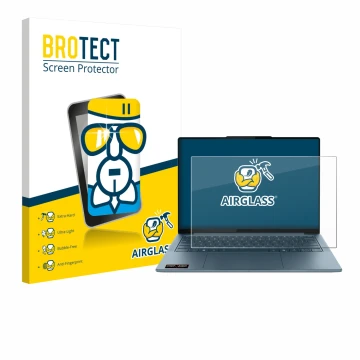 Front side of a product packaging with the brand logo BROTECT. Next to it is the device Lenovo Yoga Slim 7 Gen 10 14