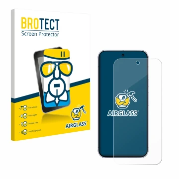 Front side of a product packaging with the brand logo BROTECT. Next to it is the device Google Pixel 10 Pro XL shown with the 
