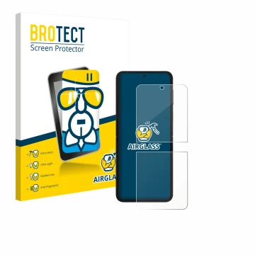 Front side of a product packaging with the brand logo BROTECT. Next to it is the device Samsung Galaxy Z Flip 7 FE shown with 