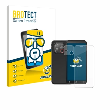Front side of a product packaging with the brand logo BROTECT. Next to it is the device Emporia Smart ME7 (Front+Camera) shown
