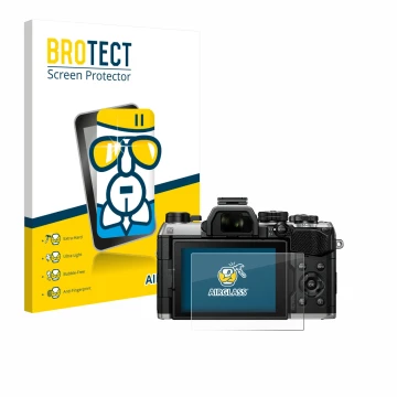 Front side of a product packaging with the brand logo BROTECT. Next to it is the device Olympus OM System OM-5 Mark II shown w