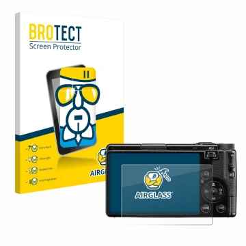 Front side of a product packaging with the brand logo BROTECT. Next to it is the device Ricoh GR IV 2025 shown with the corres