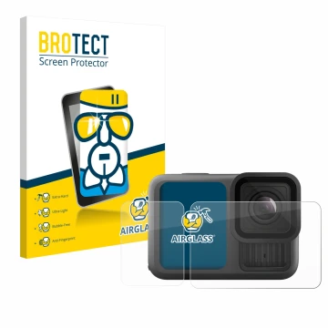 Front side of a product packaging with the brand logo BROTECT. Next to it is the device GoPro Hero 13 Black Creator Edition sh