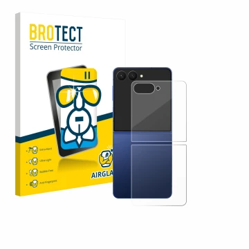 Front side of a product packaging with the brand logo BROTECT. Next to it is the device Samsung Galaxy Z Flip 7 (Back) shown w