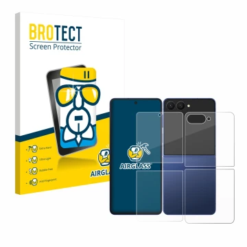 Front side of a product packaging with the brand logo BROTECT. Next to it is the device Samsung Galaxy Z Flip 7 (Front+Back) s