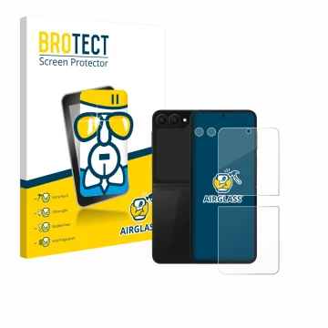 Front side of a product packaging with the brand logo BROTECT. Next to it is the device Samsung Galaxy Z Flip 7 FE (Front+Came