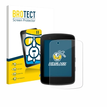 Front side of a product packaging with the brand logo BROTECT. Next to it is the device Bryton Rider 650 shown with the corres