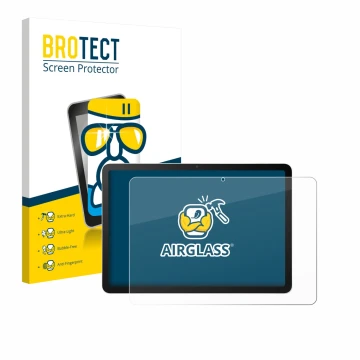 Front side of a product packaging with the brand logo BROTECT. Next to it is the device Wacom MovinkPad 11 shown with the corr