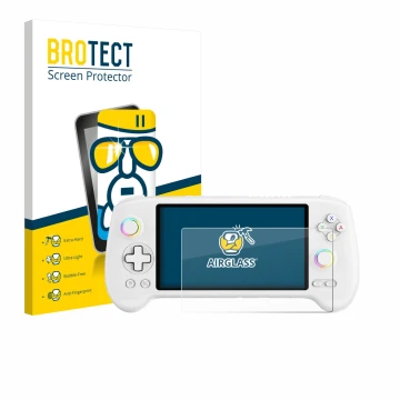Front side of a product packaging with the brand logo BROTECT. Next to it is the device Anbernic RG556 shown with the correspo