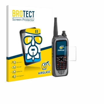 Front side of a product packaging with the brand logo BROTECT. Next to it is the device Icom IC-A25NE /IC-A25CE shown with the