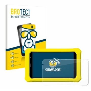 Front side of a product packaging with the brand logo BROTECT. Next to it is the device Clementoni Clempad 8