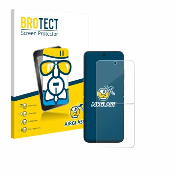 Front side of a product packaging with the brand logo BROTECT. Next to it is the device Xiaomi MIX Flip shown with the corresp