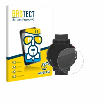 Front side of a product packaging with the brand logo BROTECT. Next to it is the device Crivit Sport-Smartwatch shown with the