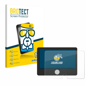 Front side of a product packaging with the brand logo BROTECT. Next to it is the device Dynavin D9-DCX Plus Flex - C shown wit