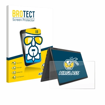 Front side of a product packaging with the brand logo BROTECT. Next to it is the device Lenovo IdeaPad Flex 5 14ALC05 shown wi