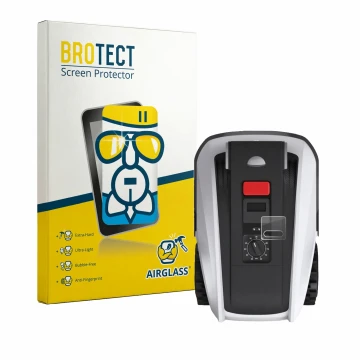 Front side of a product packaging with the brand logo BROTECT. Next to it is the device Ecovacs Goat O800 RTK shown with the c