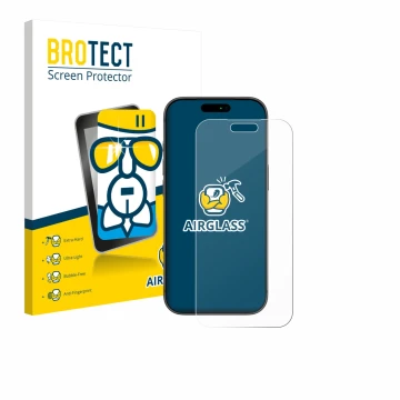 Front side of a product packaging with the brand logo BROTECT. Next to it is the device Apple iPhone 17 Pro Max shown with the