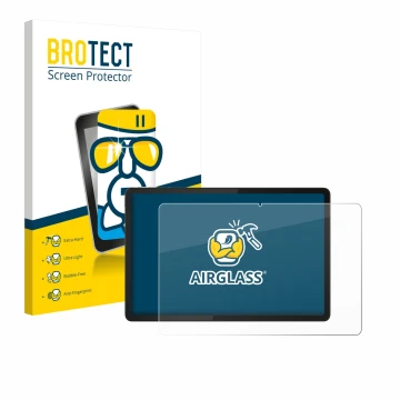 Front side of a product packaging with the brand logo BROTECT. Next to it is the device Lenovo Tab K11e shown with the corresp